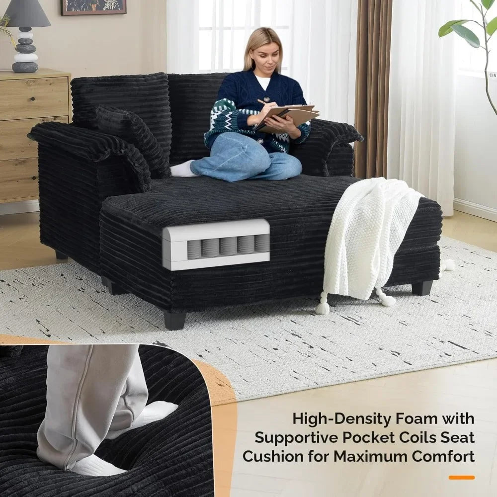 56" Oversized Chaise Lounge Chair, Black Comfy Corduroy Chaise Sofa Recliner Bed with Throw Pillow