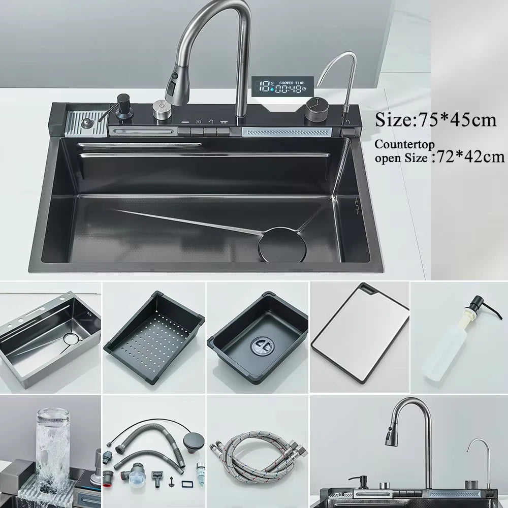 304 Stainless Steel Waterfall Kitchen Sink Large Single Slot