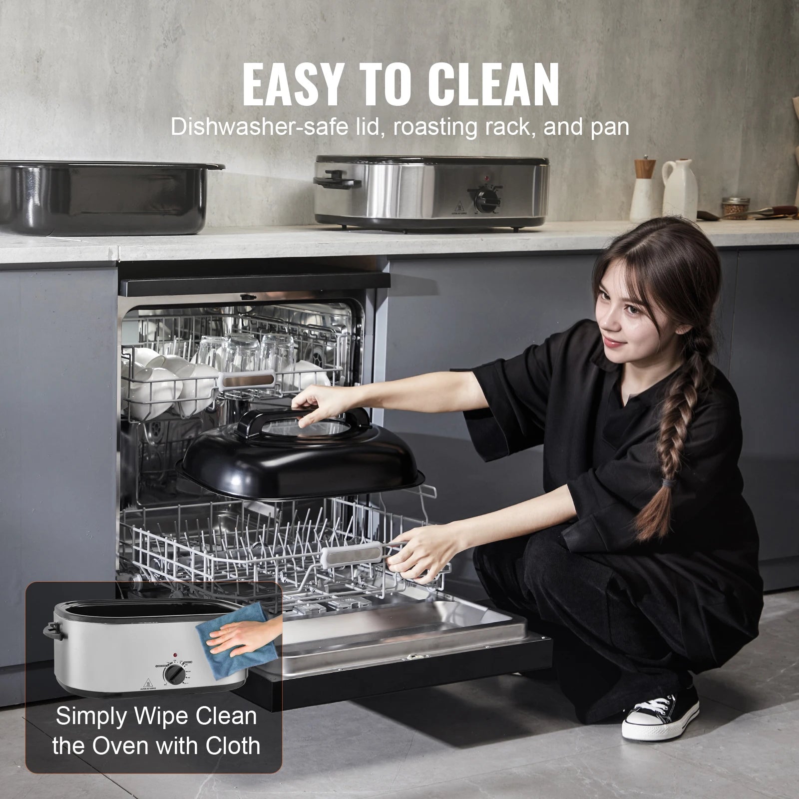 Electric Roaster Oven 24 QT Turkey Roaster Oven with Self-Basting Lid 1450W Roaster Oven Defrost&Warm Function Silver