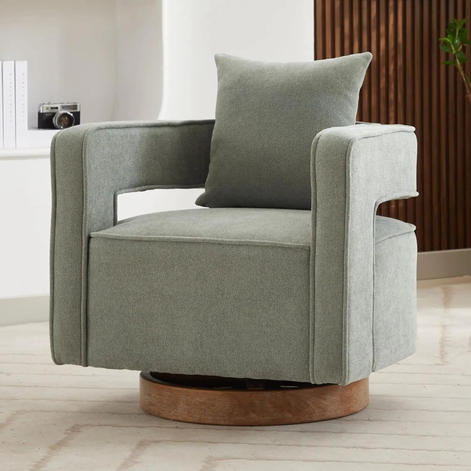 Upholstered Swivel Accent Chair Set of 2 Linen Open Back Barrel Chair with Pillow