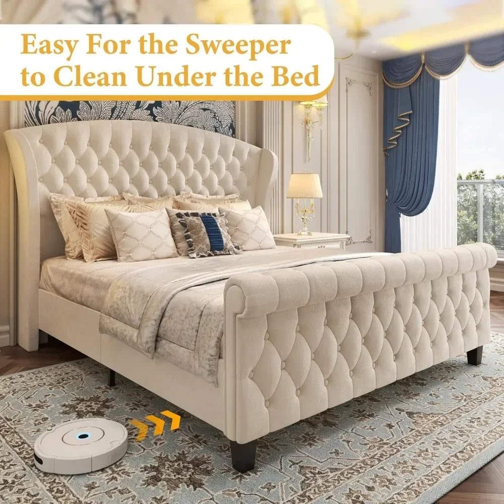 Queen Platform Bed Frame, 52.5" Tall Velvet Upholstered Sleigh Bed with Scroll Wingback Headboard & Footboard