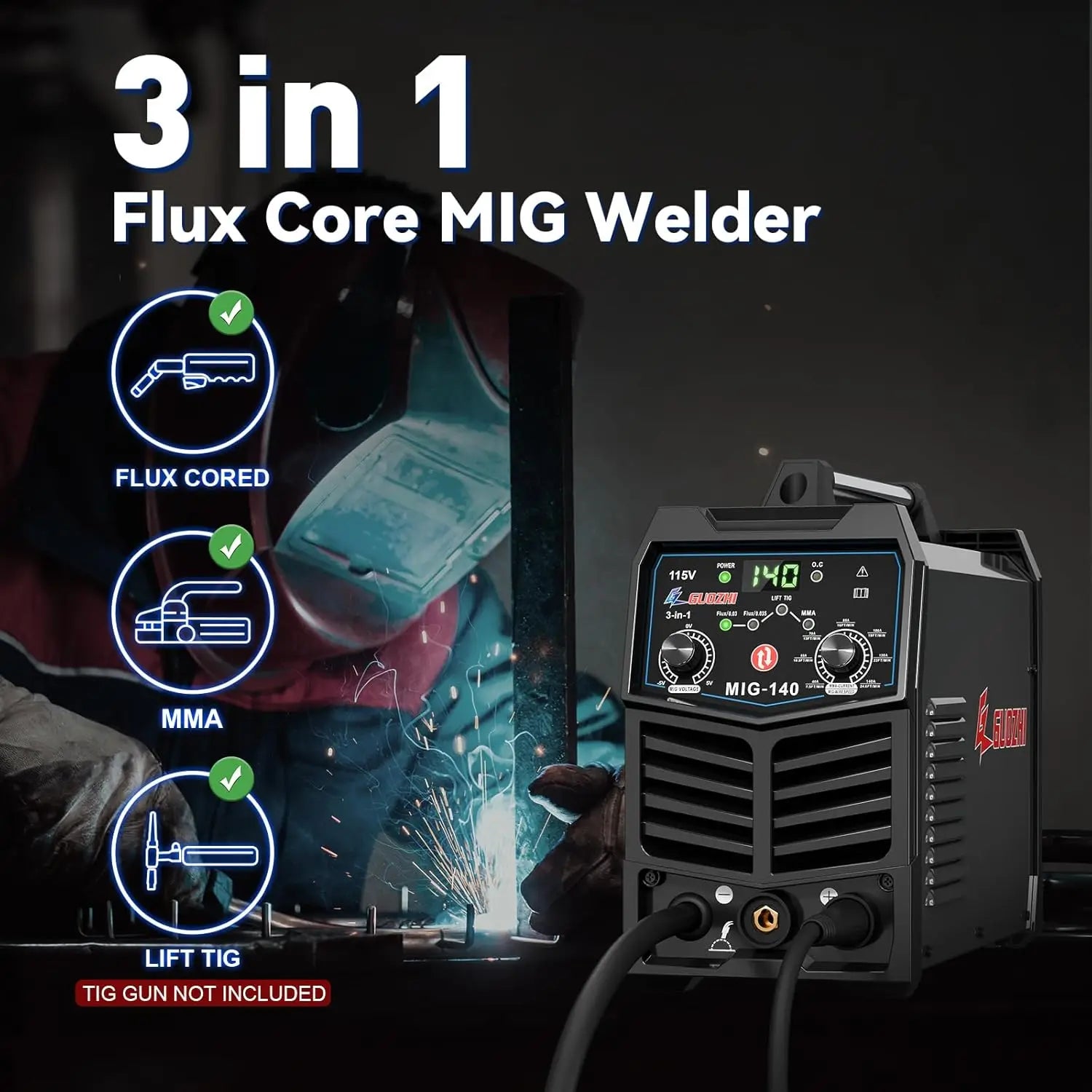 140A 3-in-1 MIG/ARC/Lift TIG Welder, 110V Multi-Process Welding Machine with Flux Core Gun