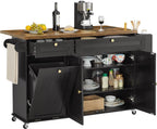 60" Mobile Kitchen Island Table Drop Leaf Home Carts with Power Outlet Spice Towel Rack Trash