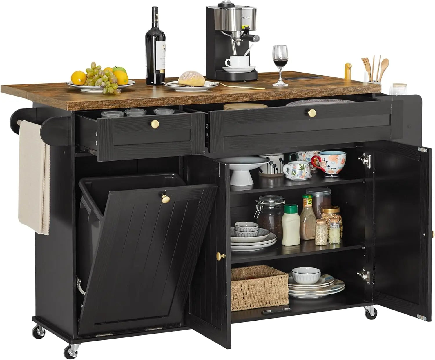 60" Mobile Kitchen Island Table Drop Leaf Home Carts with Power Outlet Spice Towel Rack Trash