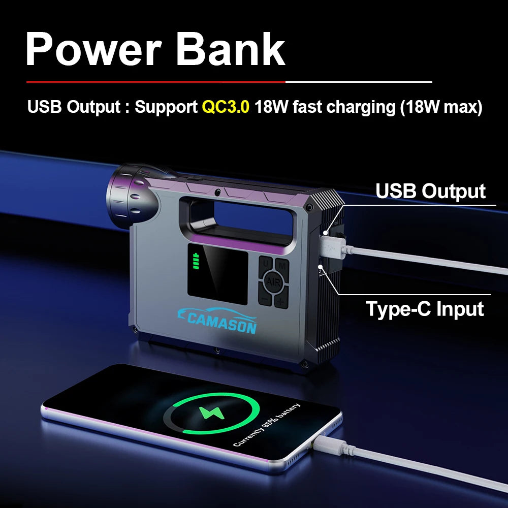 5 in 1 Car Jump Starter with air Compressor Portable Flashlight