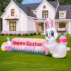 Easter Bunny Outdoor Decoration with Happy Easter Banner, Built in LED Lights, Blow Up Yard Decoration
