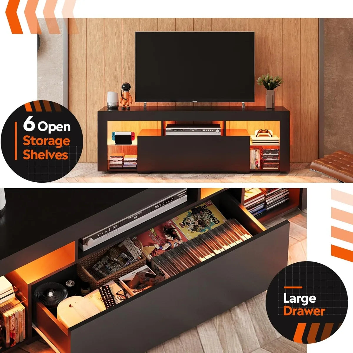Modern Entertainment Center for 32-60 Inch TVs, LED Lights & 2 Drawers