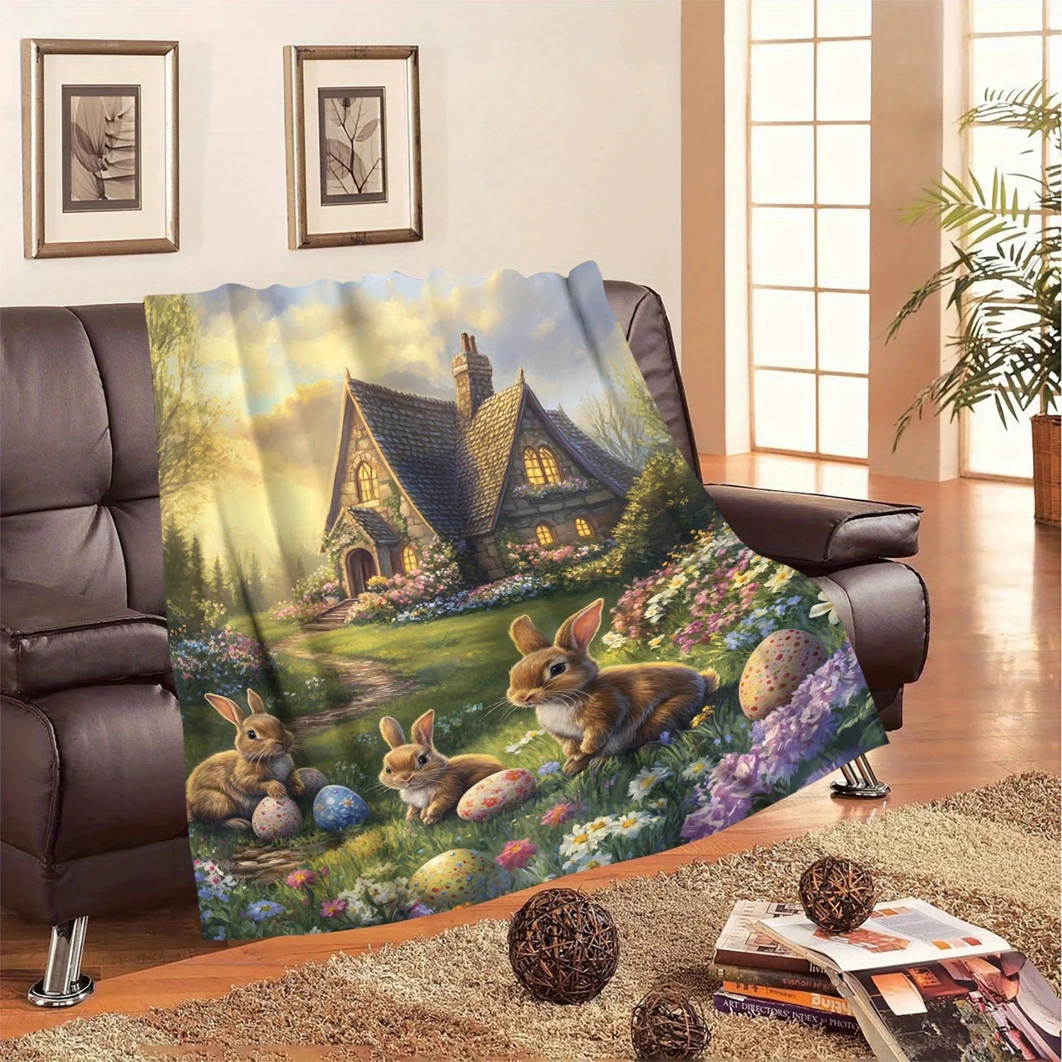 Easter Bunny Stone Cottage Flannel Blanket - Cozy All-Season with Rabbit Colorful Egg Design, Perfect Home Decor or Gift