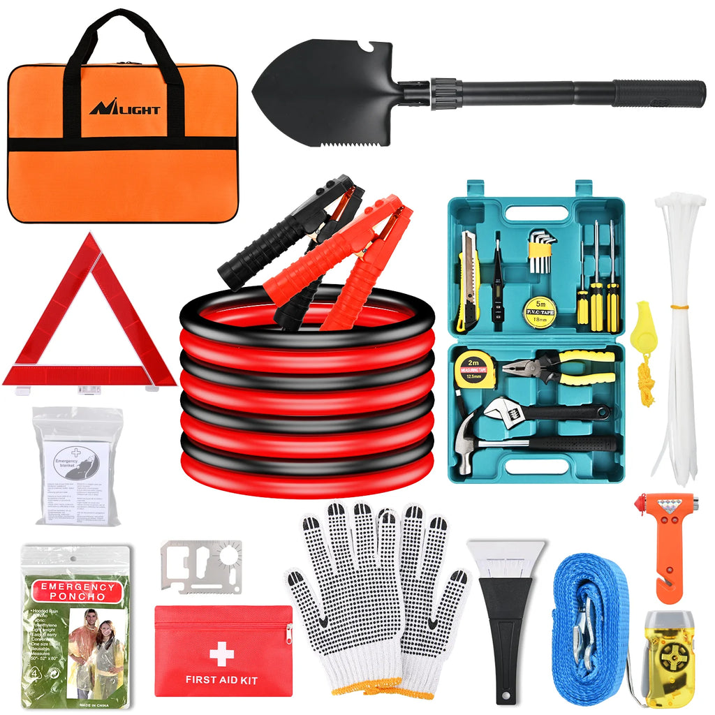 Car Emergency Kit with Jumper Cable, First Aid Kit Safety Assistance Tools for Travel Camping Outdoor Cars Truck SUV RV, Roadside Essentials with Flash Light