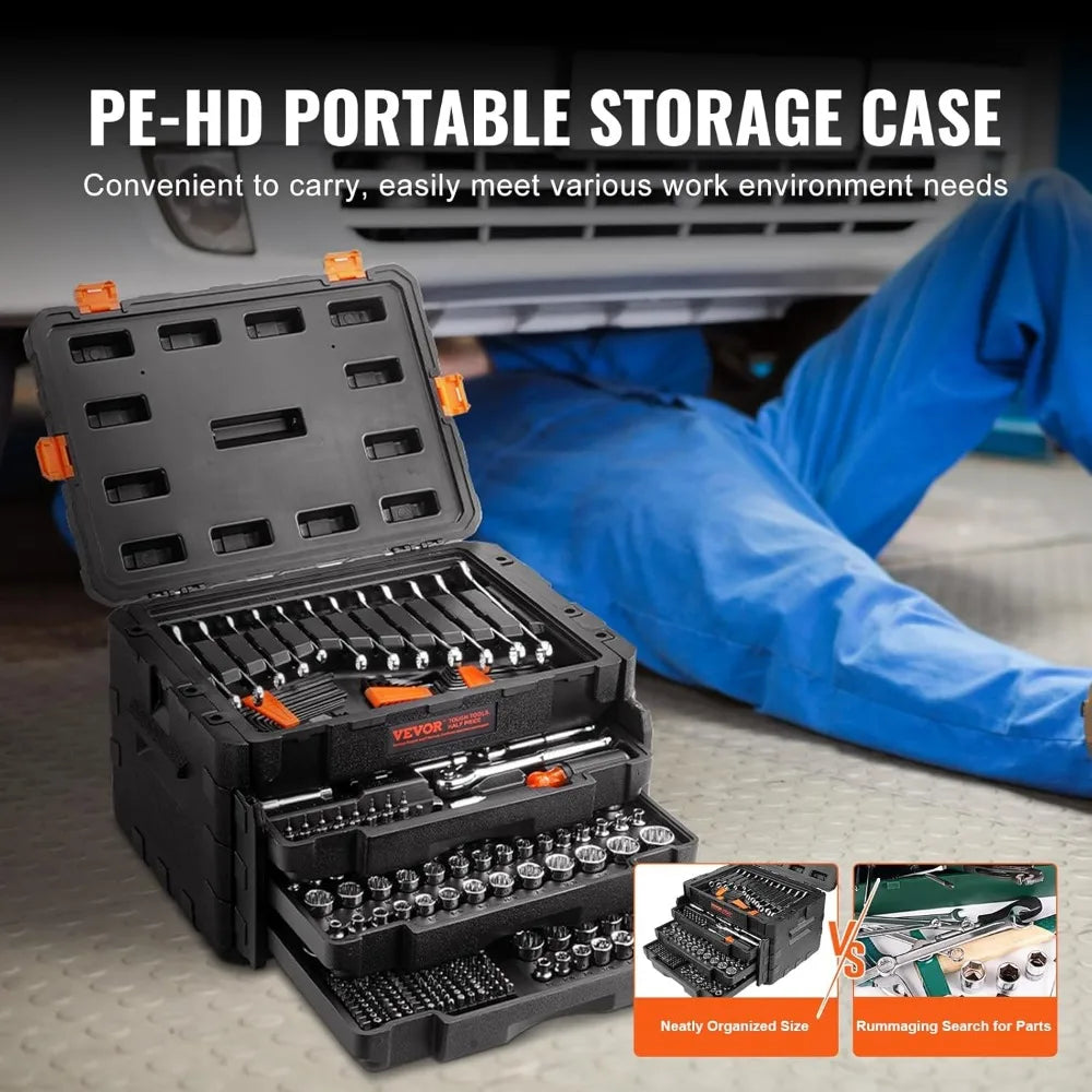 Mechanics Tool Set and Socket Set, 1/4 3/8 1/2 Drive Deep and Standard Sockets, 450 Pcs SAE and Metric