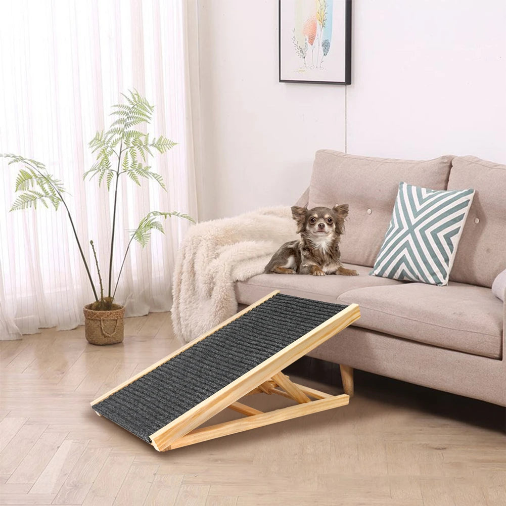 Dog Ramp, Natural Pine Wooden Lightweight Folding Anti-skid Adjustable 2 Height Climbing Ramp