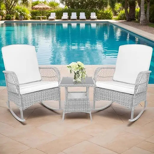 3 pcs Rocking Bistro Set for Porch Lawn Garden Backyard Deck