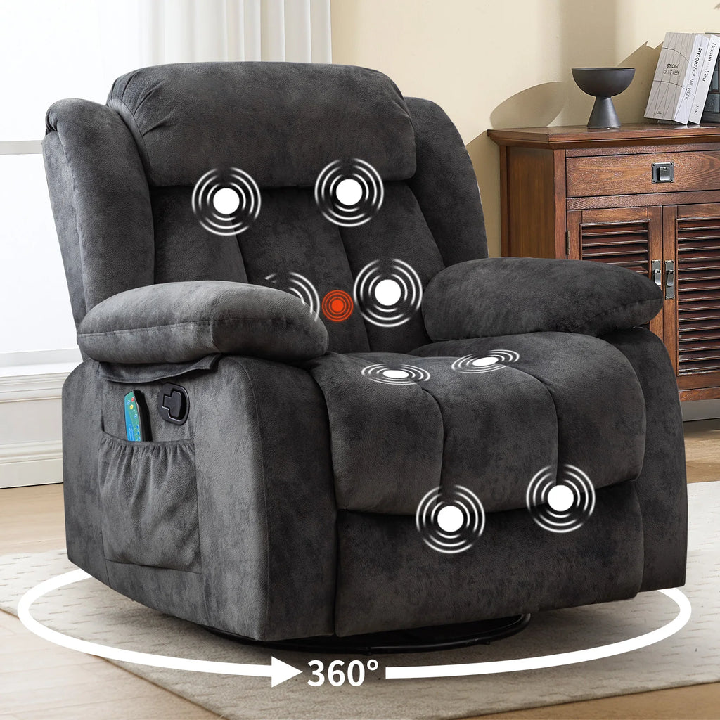 Massage Rocker Recliner with Heat and Vibration, 360 Degree Swivel Manual Antiskid Fabric Single Sofa Heavy Duty Reclining Chair