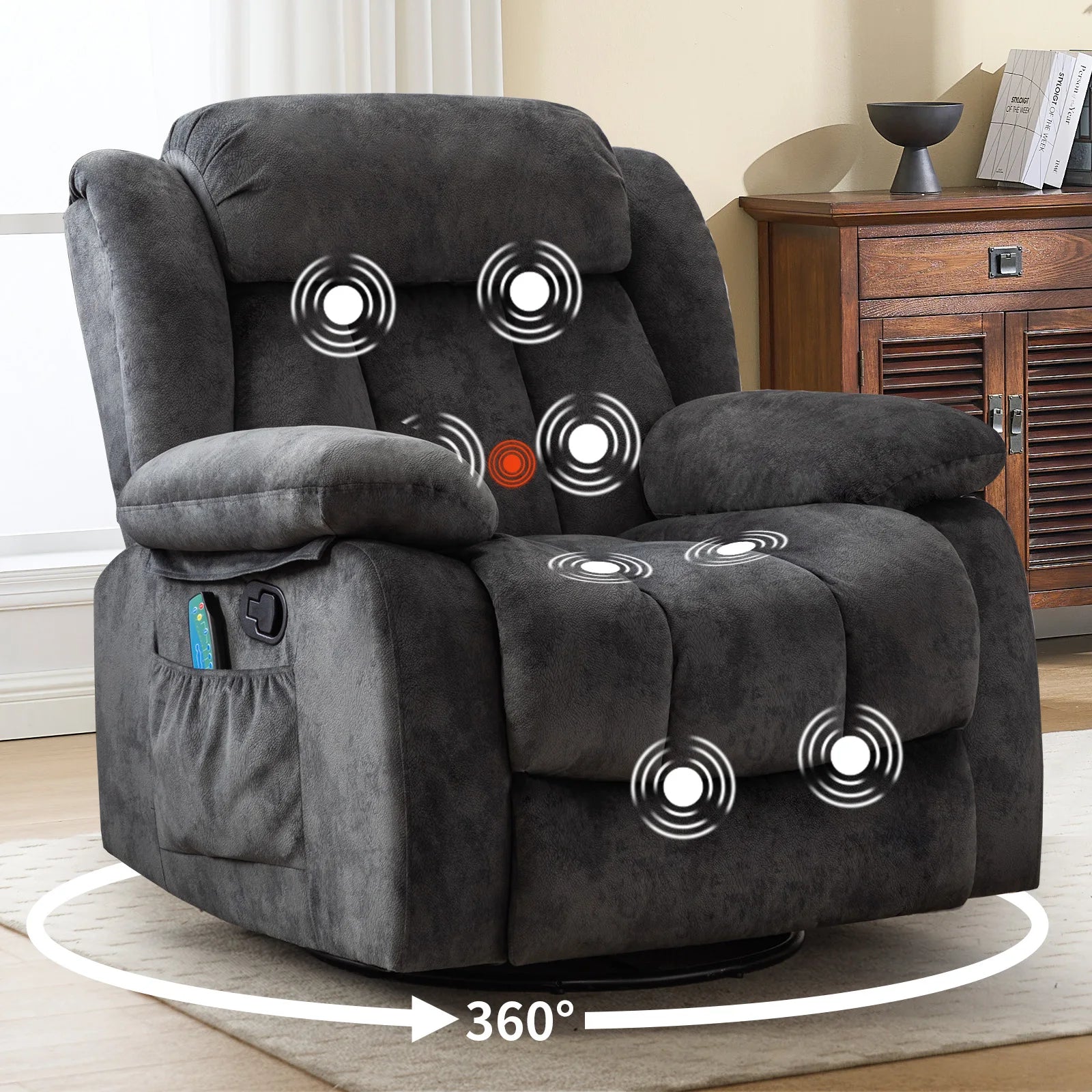 Massage Rocker Recliner with Heat and Vibration, 360 Degree Swivel Manual Antiskid Fabric Single Sofa Heavy Duty Reclining Chair