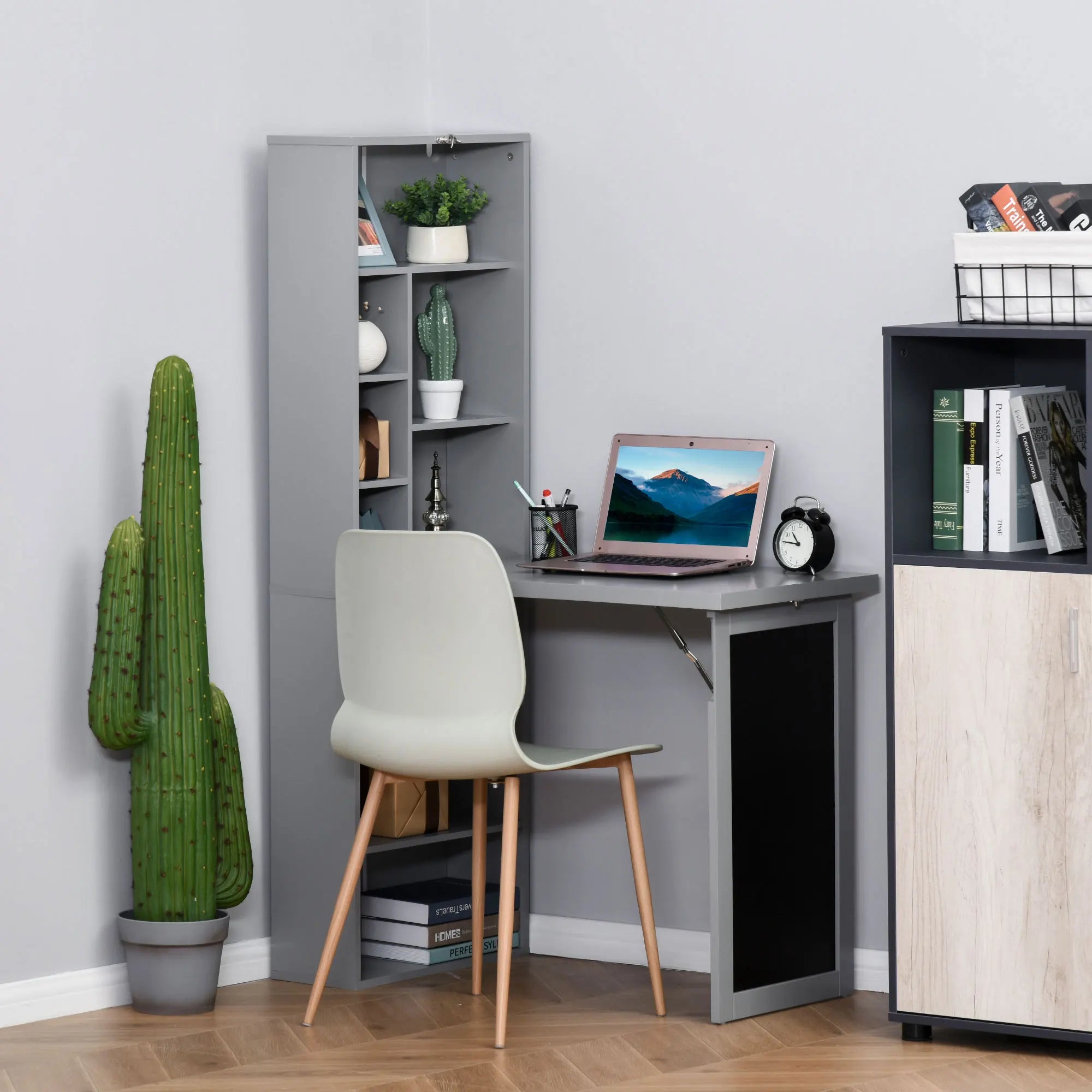 Homcom Fold-Out Convertible Office Desk, Wall Mount Computer Desk with Blackboard and Side Shelf