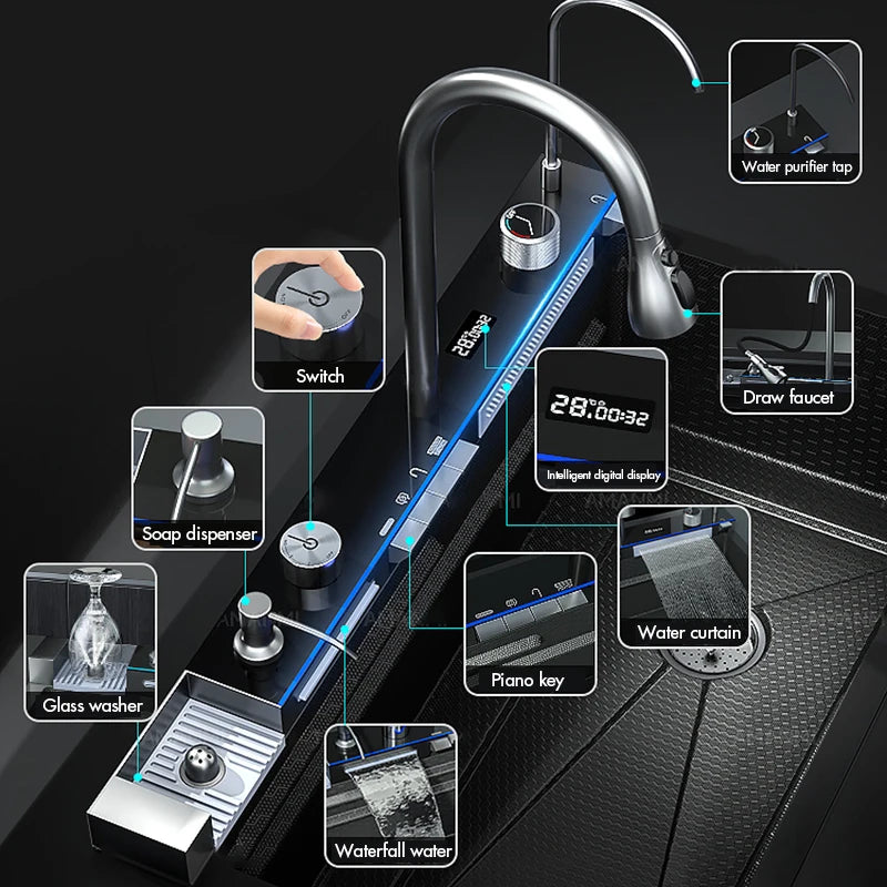 304 Stainless Steel Waterfall Kitchen Sink Large Single Slot