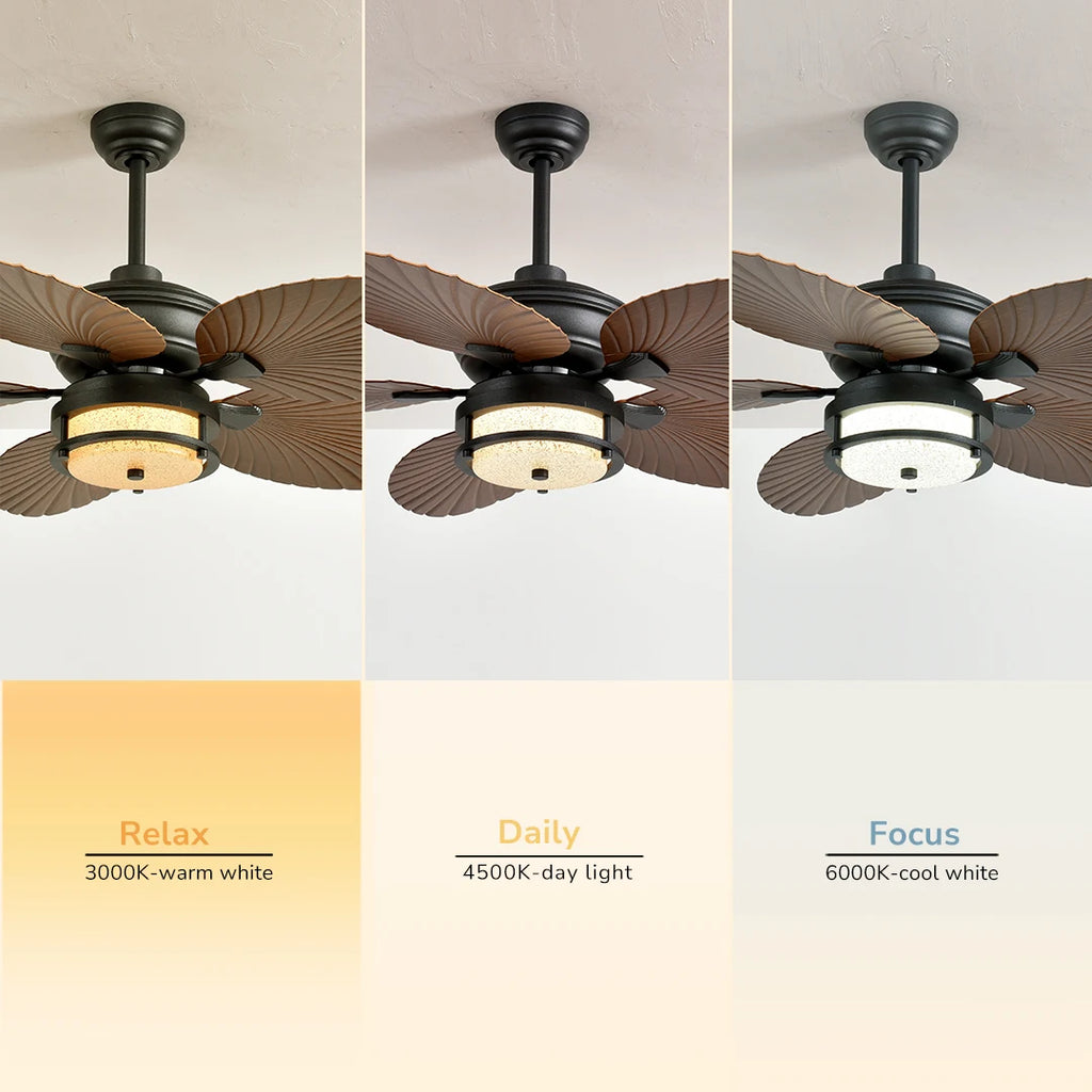 52'' Outdoor Ceiling Fan with Lights, Tropical Palm Leaf Fan, Wet Rated for Patio, Porch & Gazebo, Dimmable LED, 6-Speed,