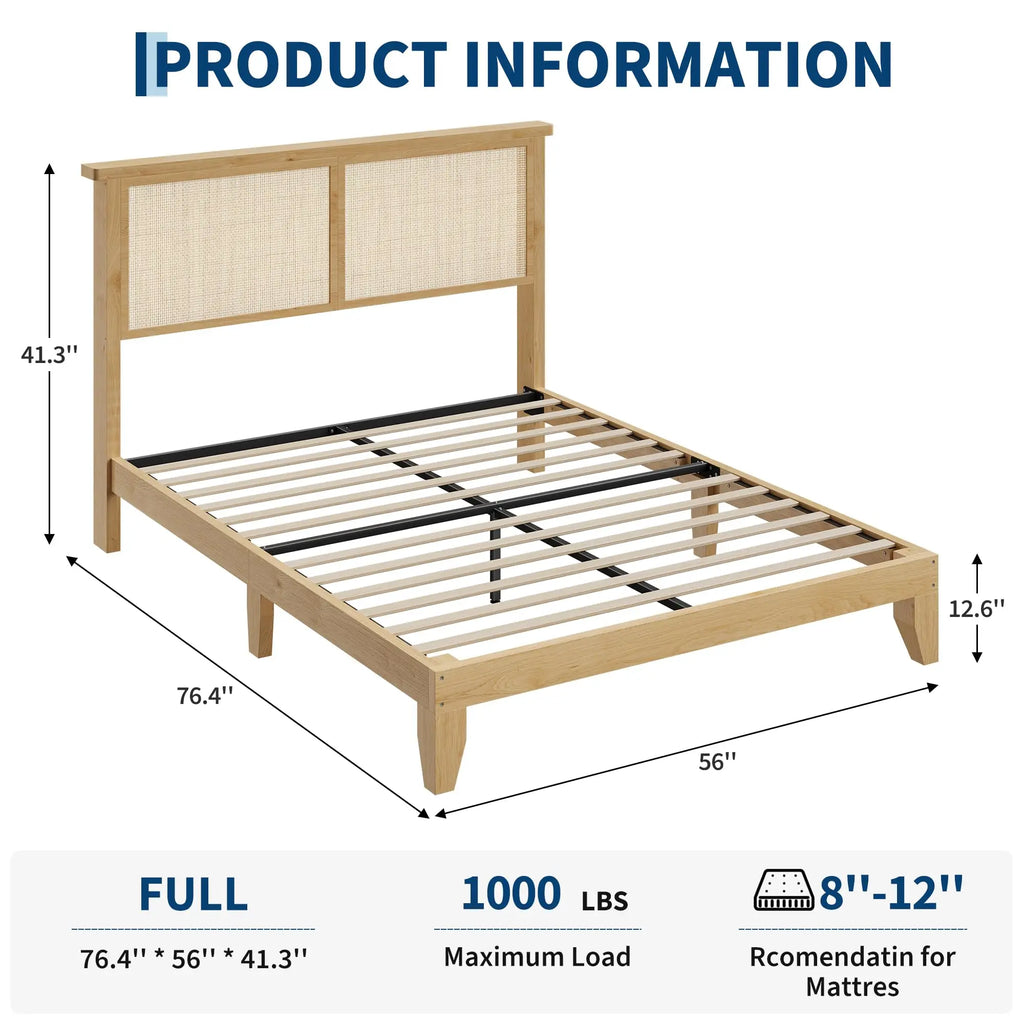 Boho Style Rattan Bed Frame with Natural Headboard & RGB LED Lights - Storage Headboard, Plain Wood Platform, Noise-Free Slats, No Box Spring Needed
