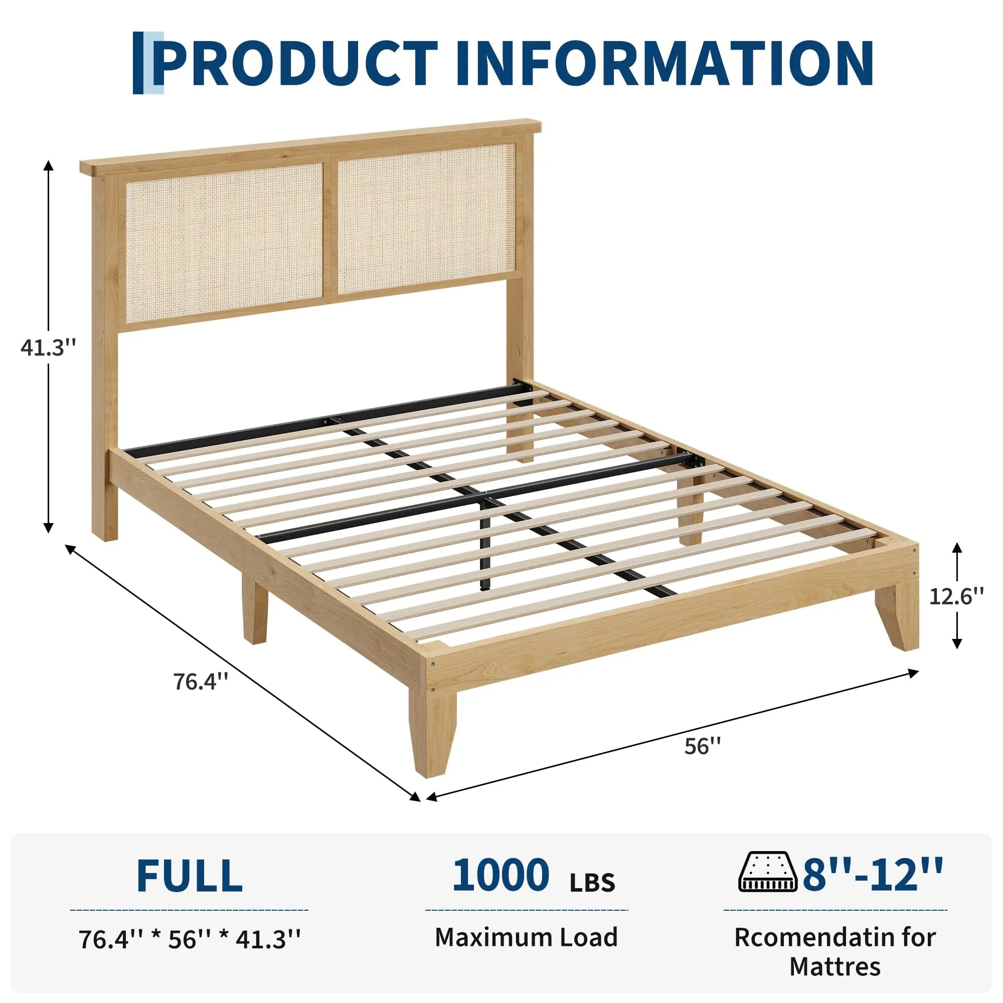 Boho Style Rattan Bed Frame with Natural Headboard & RGB LED Lights - Storage Headboard, Plain Wood Platform, Noise-Free Slats, No Box Spring Needed