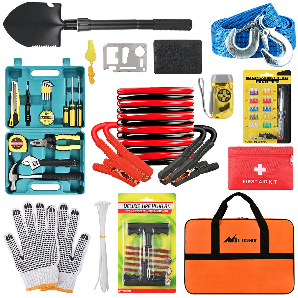 Car Emergency Kit with Jumper Cable, First Aid Kit Safety Assistance Tools for Travel Camping Outdoor Cars Truck SUV RV, Roadside Essentials with Flash Light