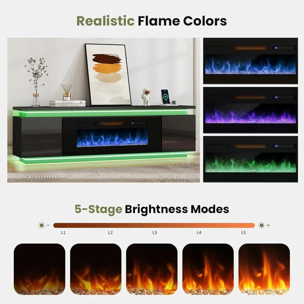 Fireplace TV Stand with LED Light, 4 AC Power Outlets