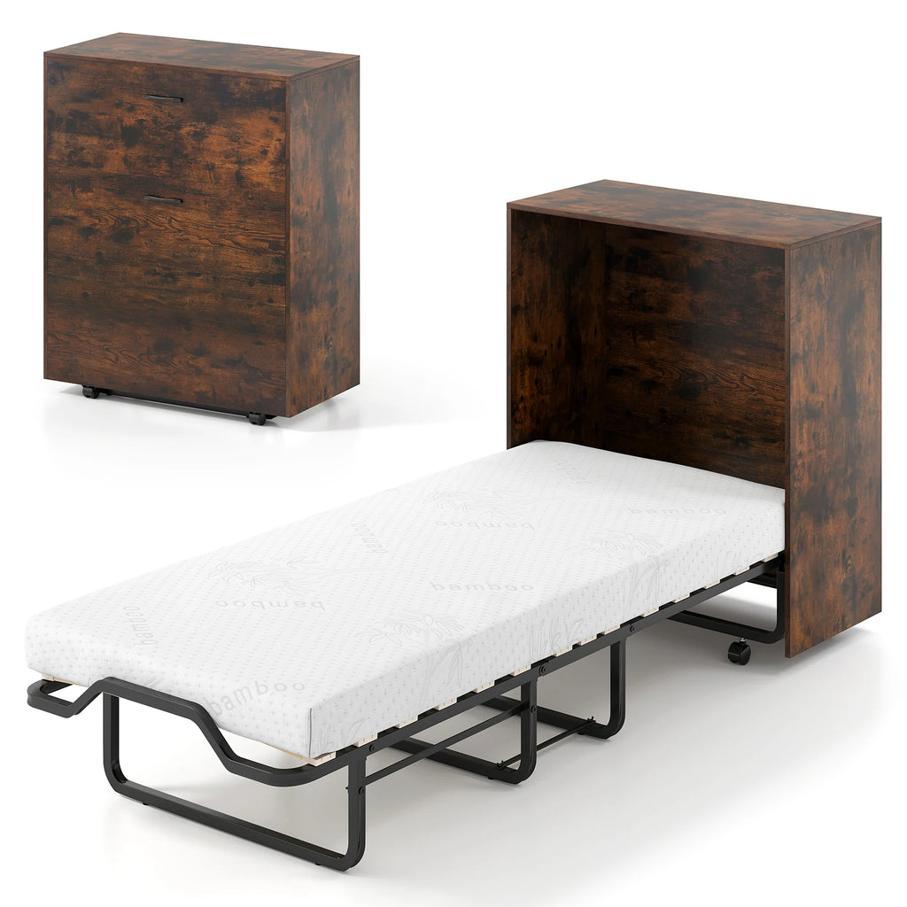 Cot Size Murphy Bed with Storage, Rolling Murphy Cabinet with Foldable Bed