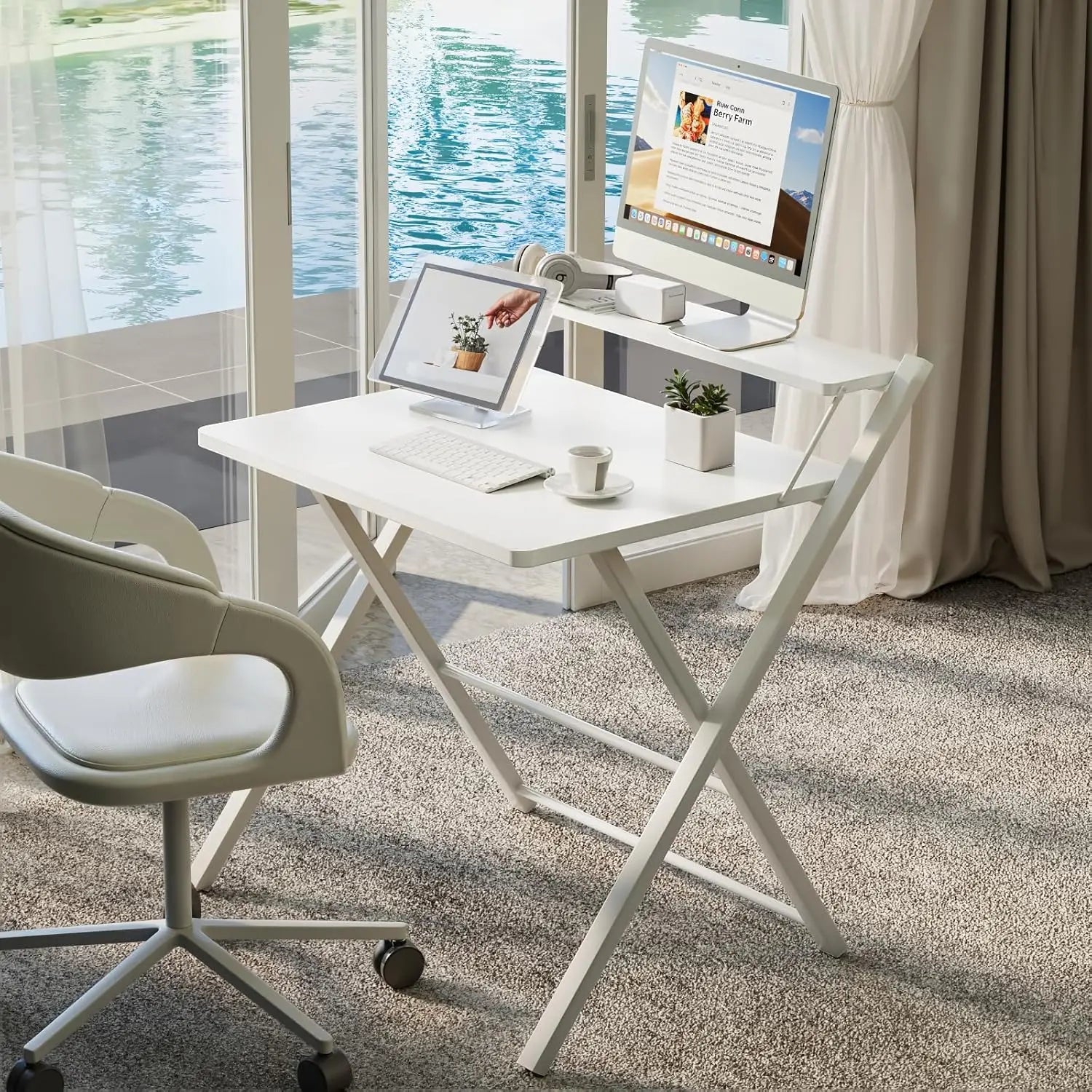 2-Tier Compact Computer Table with Shelf, Space Saving Foldable for Home Office or Dorm, White