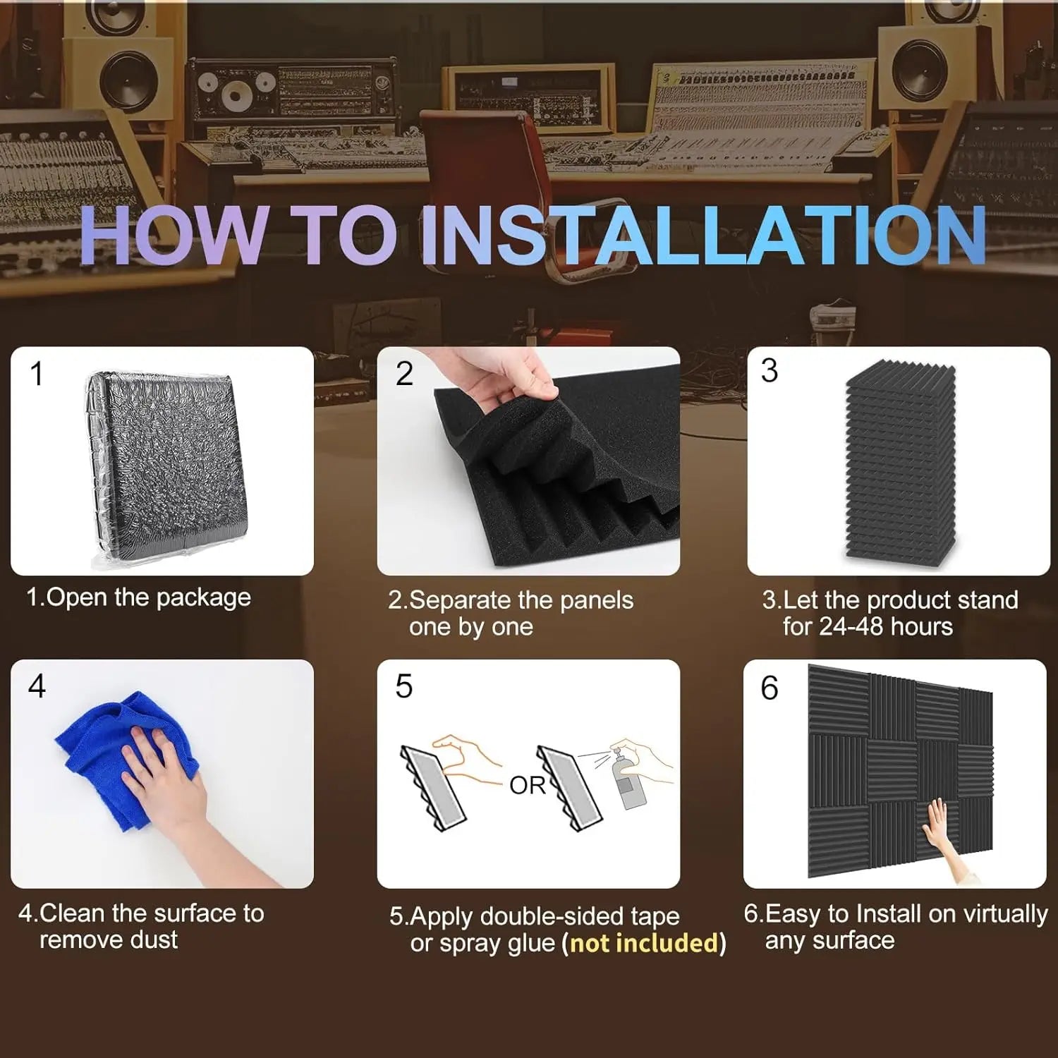 50 Pack Acoustic Panels, Soundproof Studio Foam for Walls, 1" X 12" X 12" Black