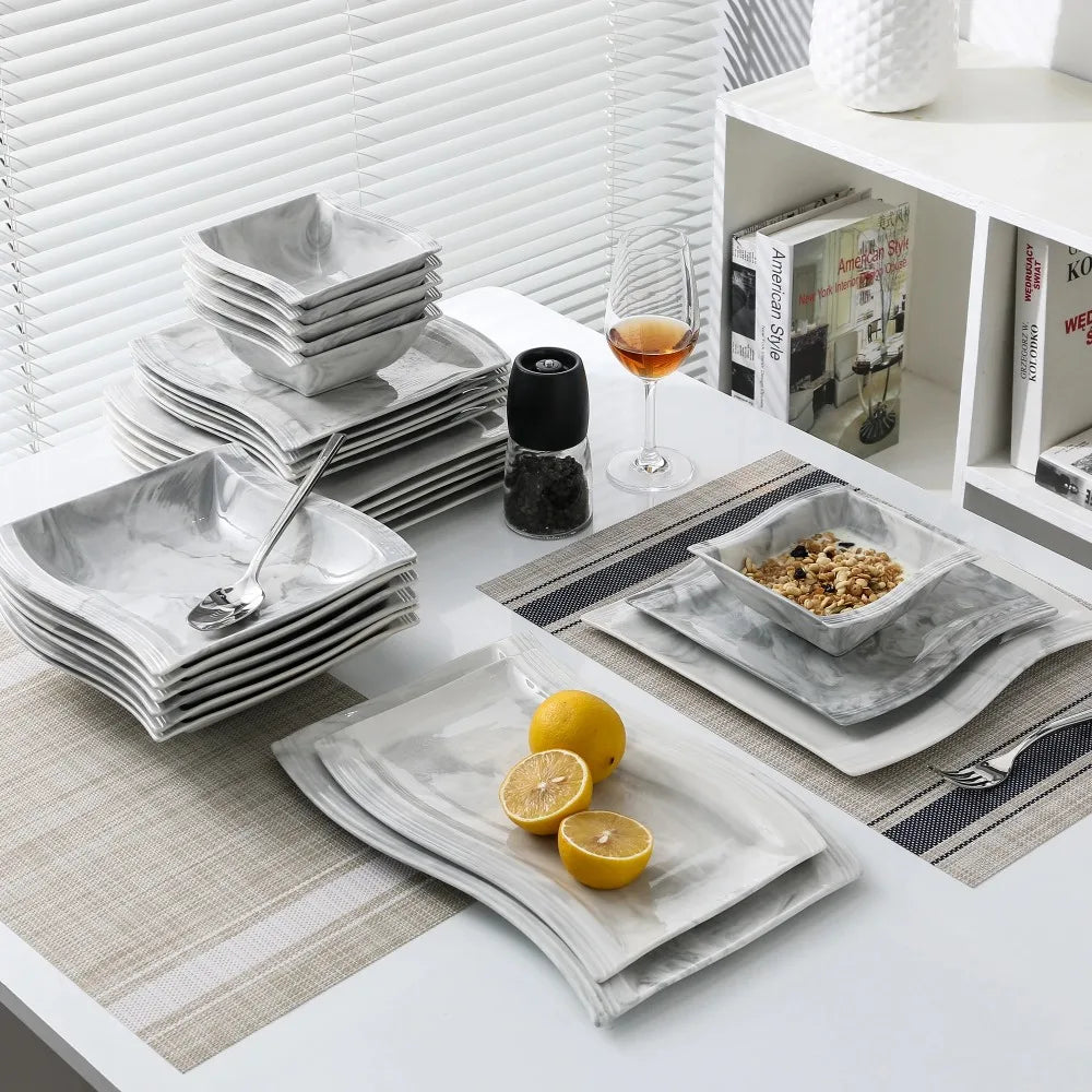 26-PIECE Nordic European Marble Gray Porcelain Tableware Set with 6PCS Bowl Dinner Plate Dessert Soup Plate