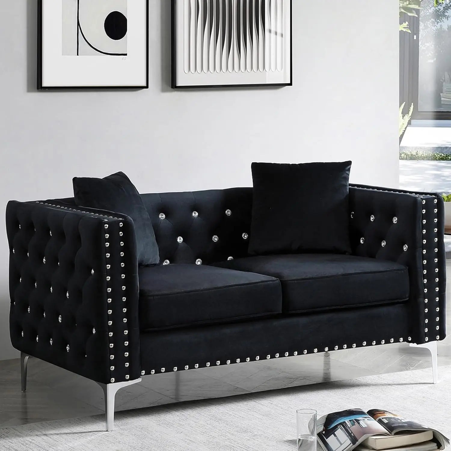 59.4" Jeweled Buttons Tufted Square Arm Couch Modern 2 Seater Couch with Silver Metal Legs