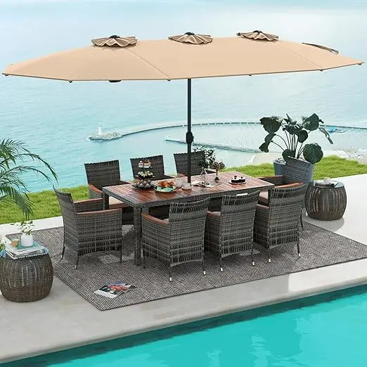 10 Pieces Patio Wicker Dining Set w/Double-Sided Patio Umbrella