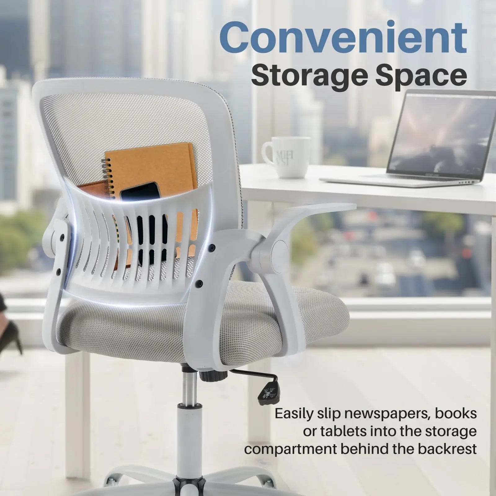 Ergonomic Mid Back Desk with Lumbar Support 360° Swivel Height Adjustable with Flip-up Armrest