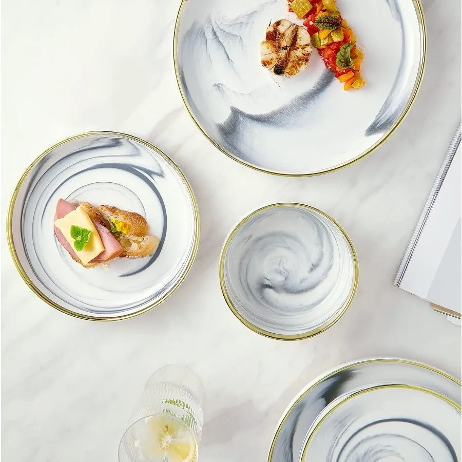 Marble Gold Rim Dinnerware Set for 4