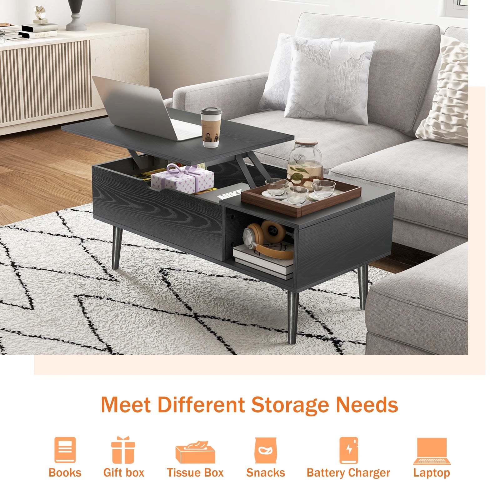 Lift Top Coffee Tables For Living Room 39.37"x19.7" Wood Dining Tables Adjustable Storage Shelf Easy Lift Or Lower