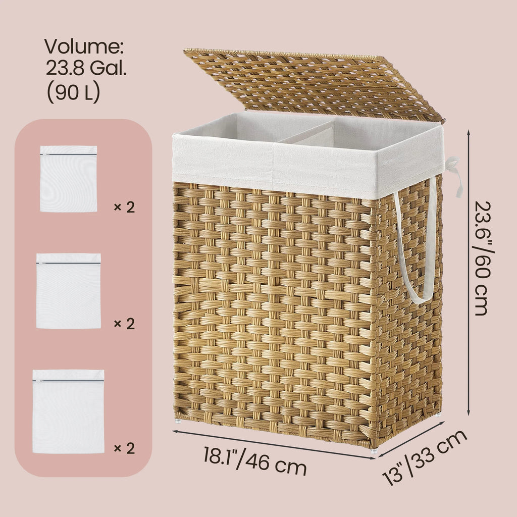 Laundry Hamper with Lid, 90L Clothes Hamper with 2 Removable Liner Bags, 6 Mesh Bags