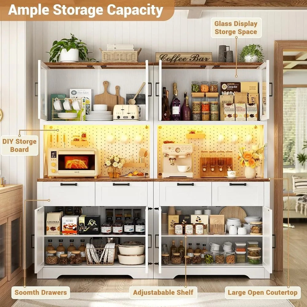 71" Tall Kitchen Pantry Storage Cabinet with LED Light & Outlet