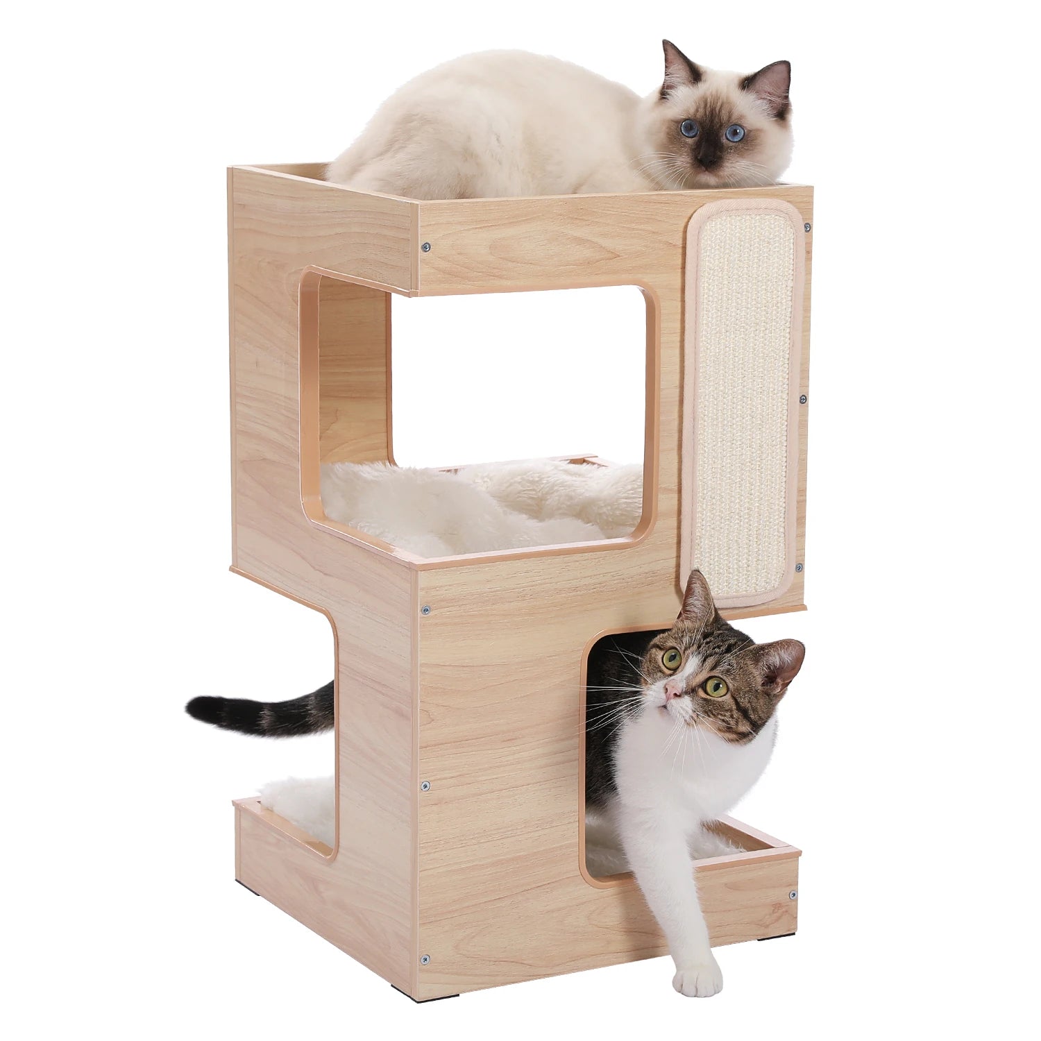 Wood Cat Condo House Bed with Removable Soft Mats, Scratching Pad