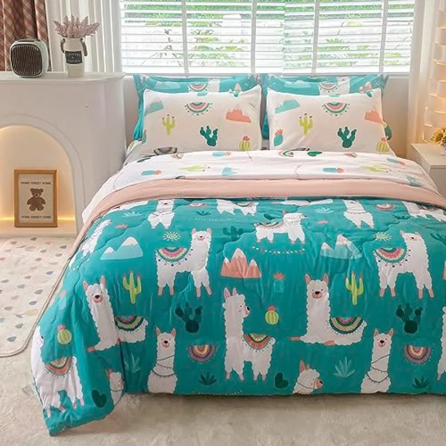 Comforter Set Bed in A Bag Size 7 Pcs Cute Alpaca Tropical Plant Cactus Bedding Set