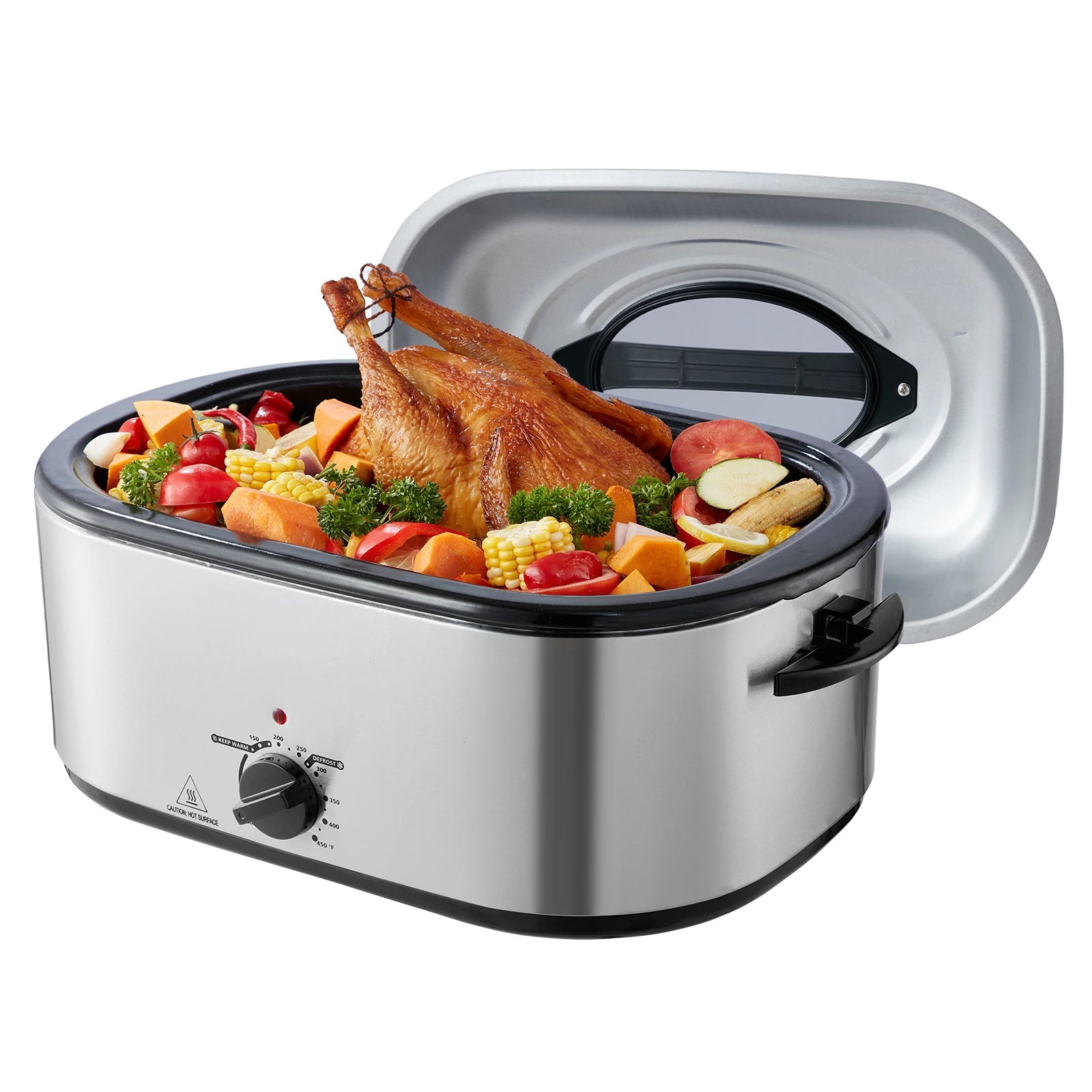 Electric Roaster Oven 24 QT Turkey Roaster Oven with Self-Basting Lid 1450W Roaster Oven Defrost&Warm Function Silver