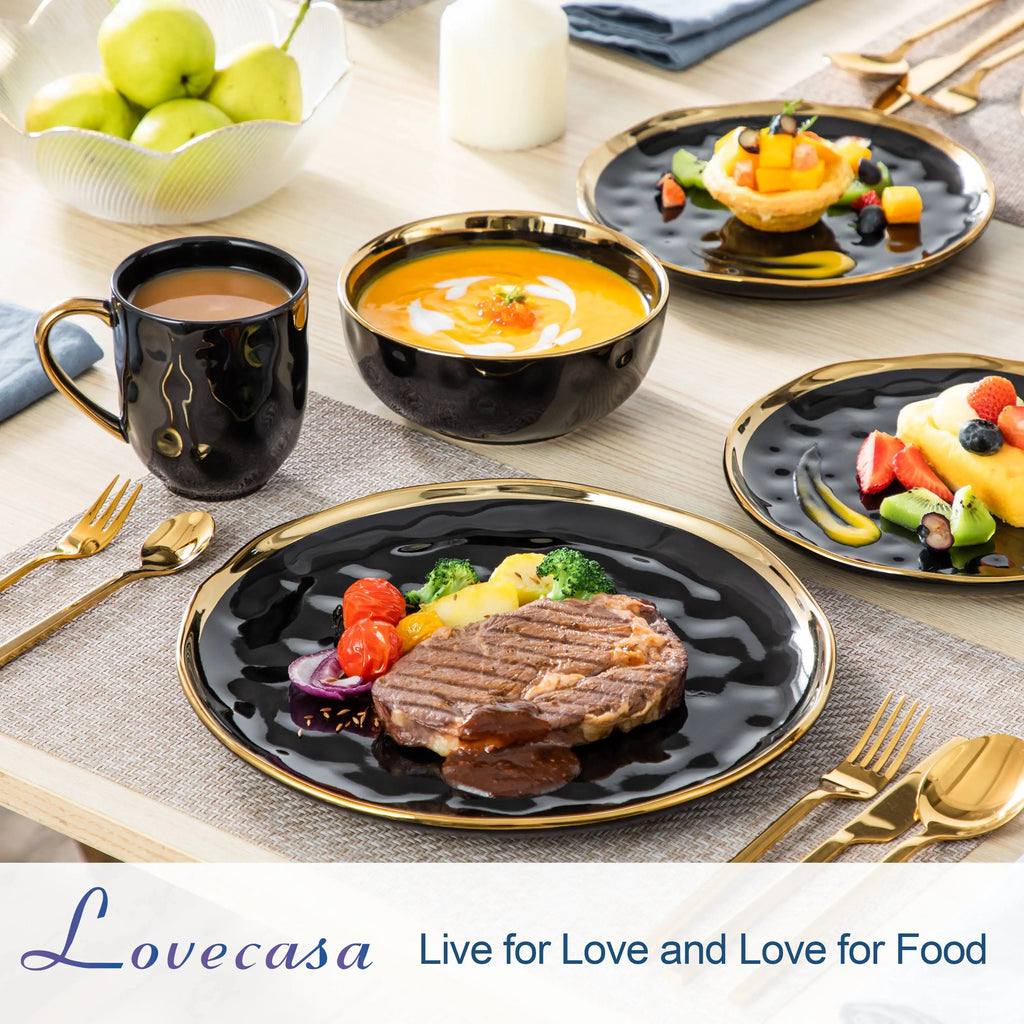16/32 Piece Black Porcelain Dinnerware Set with Gold Trim