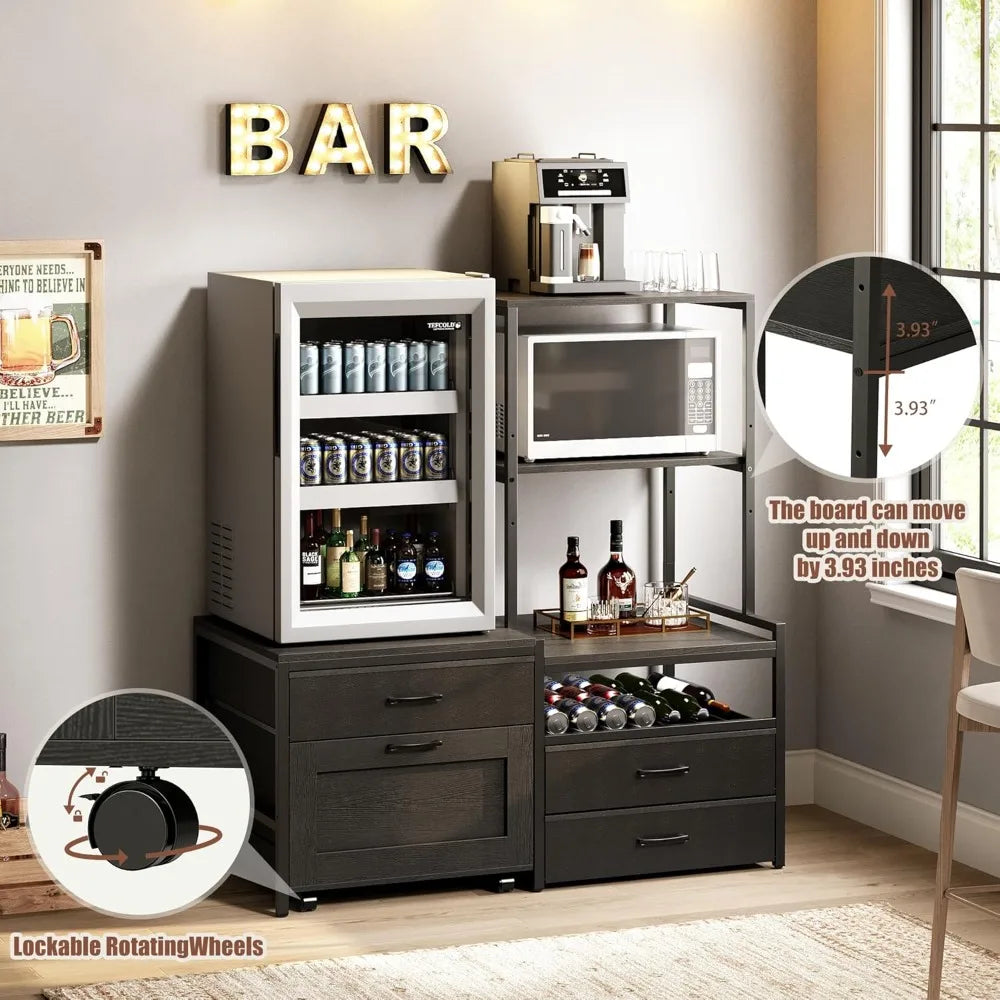 Mini Fridge Stand with Wine Rack, Power Outlet, Microwave Oven Stand, Coffee Bar
