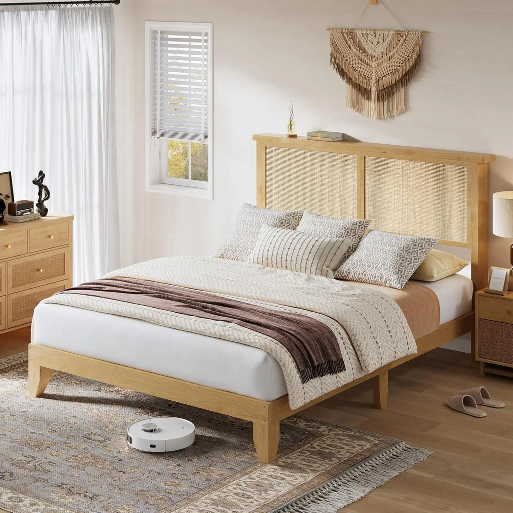 Boho Style Rattan Bed Frame with Natural Headboard & RGB LED Lights - Storage Headboard, Plain Wood Platform, Noise-Free Slats, No Box Spring Needed