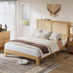 Boho Style Rattan Bed Frame with Natural Headboard & RGB LED Lights - Storage Headboard, Plain Wood Platform, Noise-Free Slats, No Box Spring Needed