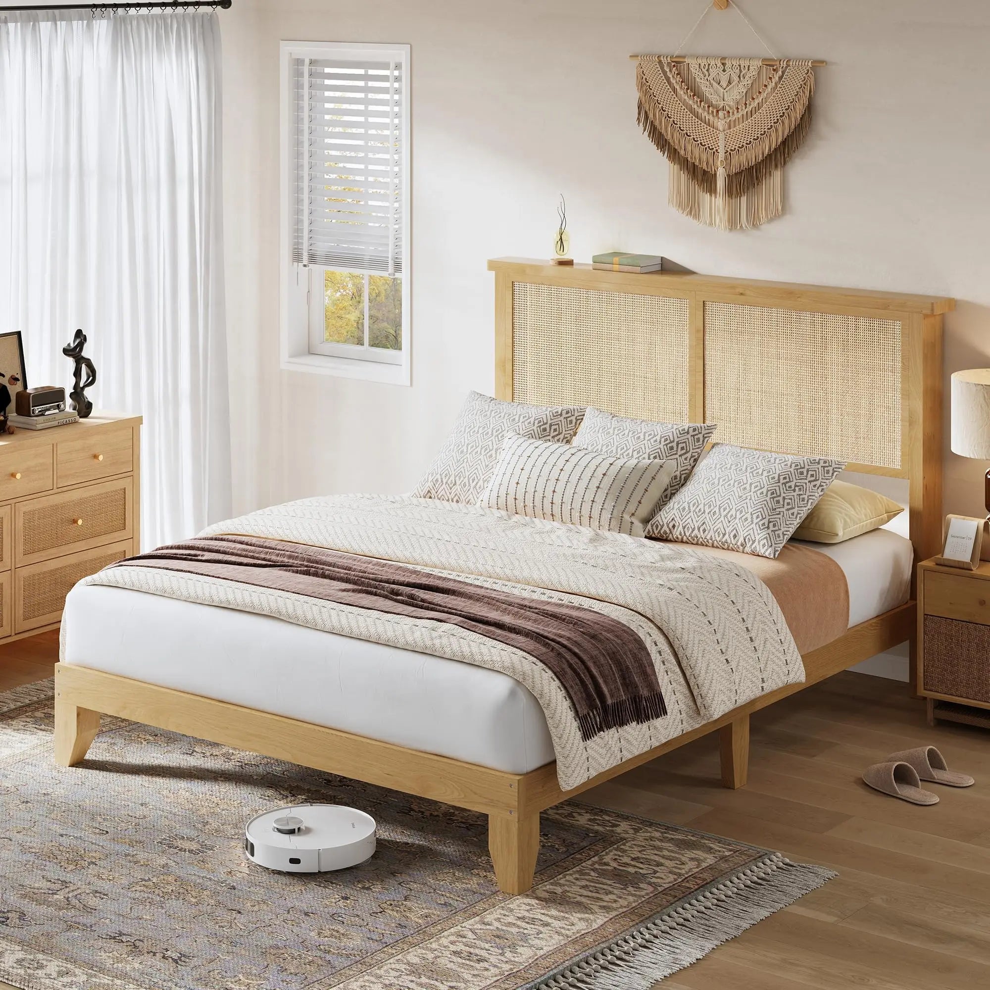 Boho Style Rattan Bed Frame with Natural Headboard & RGB LED Lights - Storage Headboard, Plain Wood Platform, Noise-Free Slats, No Box Spring Needed