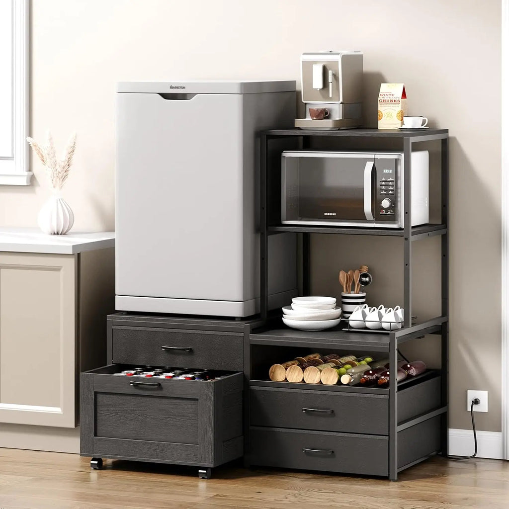 Mini Fridge Stand with Wine Rack, Power Outlet, Microwave Oven Stand, Coffee Bar