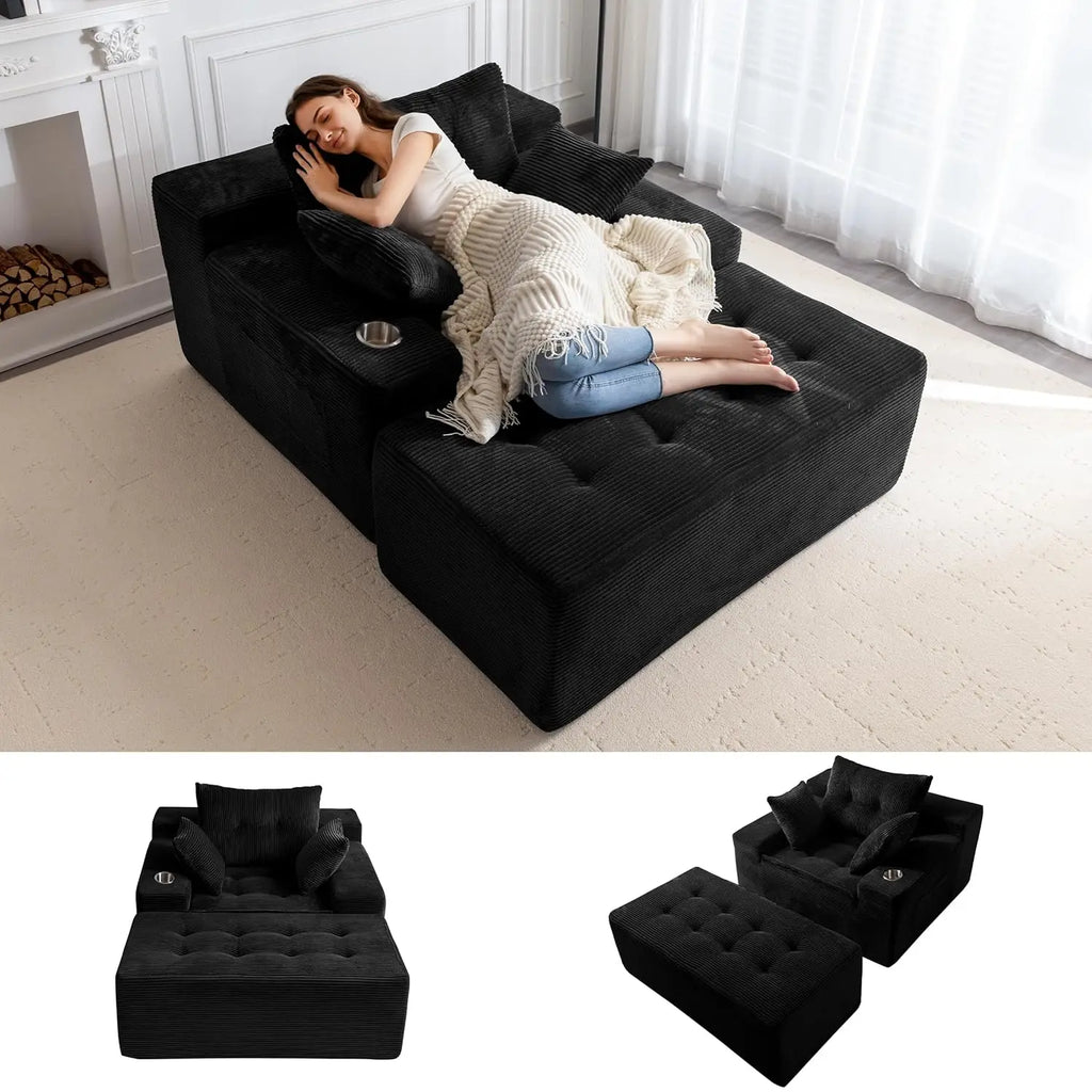 Upholstered Lounge Chair with 3 Pillows, Tufted Boneless Sofa Couch with Ottoman
