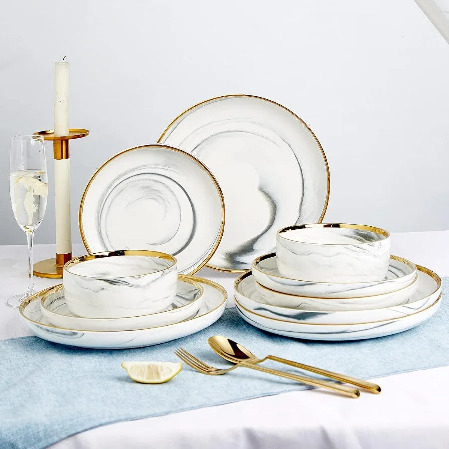 Marble Gold Rim Dinnerware Set for 4