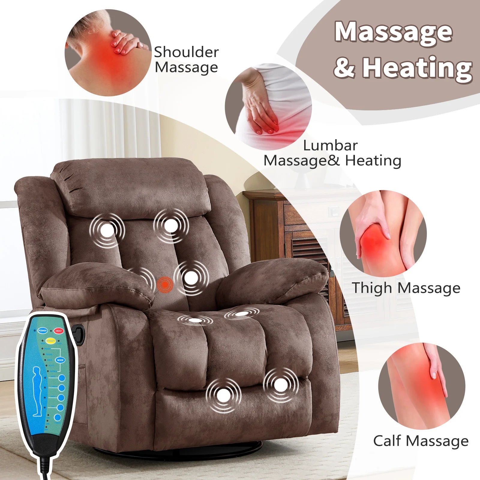 Massage Rocker Recliner with Heat and Vibration, 360 Degree Swivel Manual Antiskid Fabric Single Sofa Heavy Duty Reclining Chair