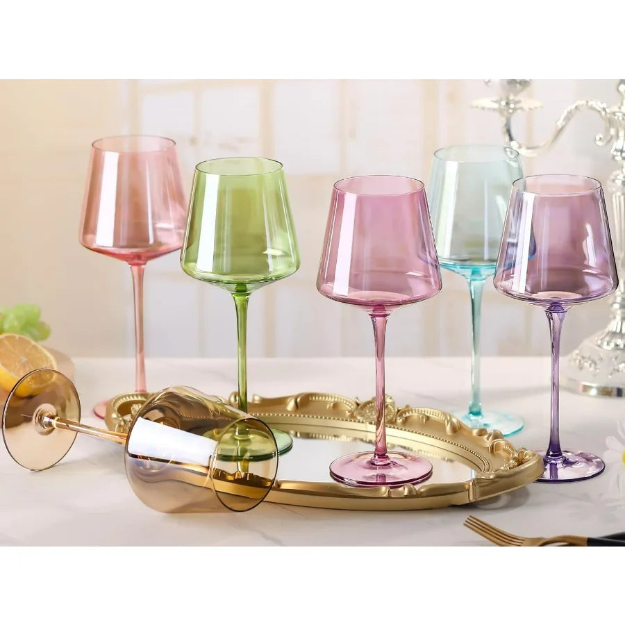 Set of 6,16oz Hand Blown Crystal Colorful Wine Glasses with Long Stem
