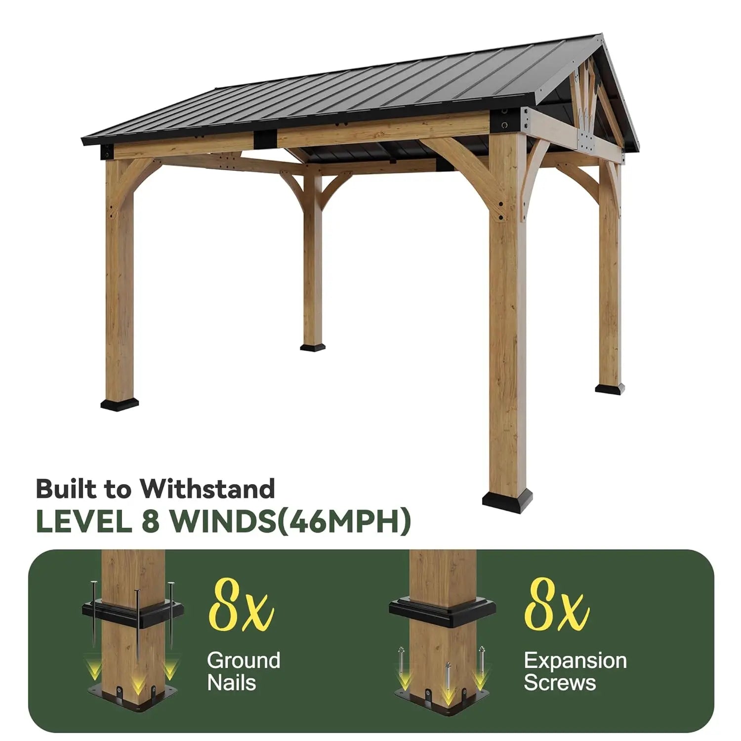 10x12 ft Wood Gazebo, Hardtop Gazebo with Galvanized Steel Peak Roof